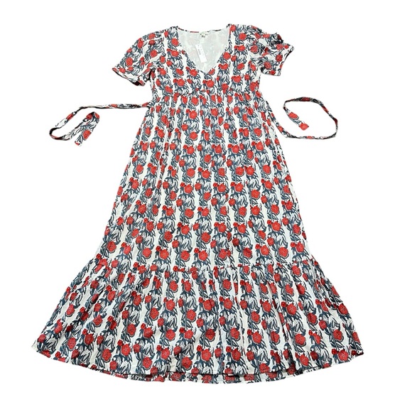 NWT J.Crew V-neck Maxi in Ivory Cerise Poppy Print Floral Cotton Tiered Dress - Picture 1 of 16